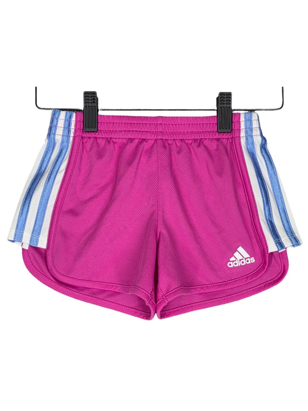 ADIDAS ATHLETIC SHORTS – WOMEN’S SIZE 6 – PINK W/ BLUE STRIPES – 2" INSEAM
